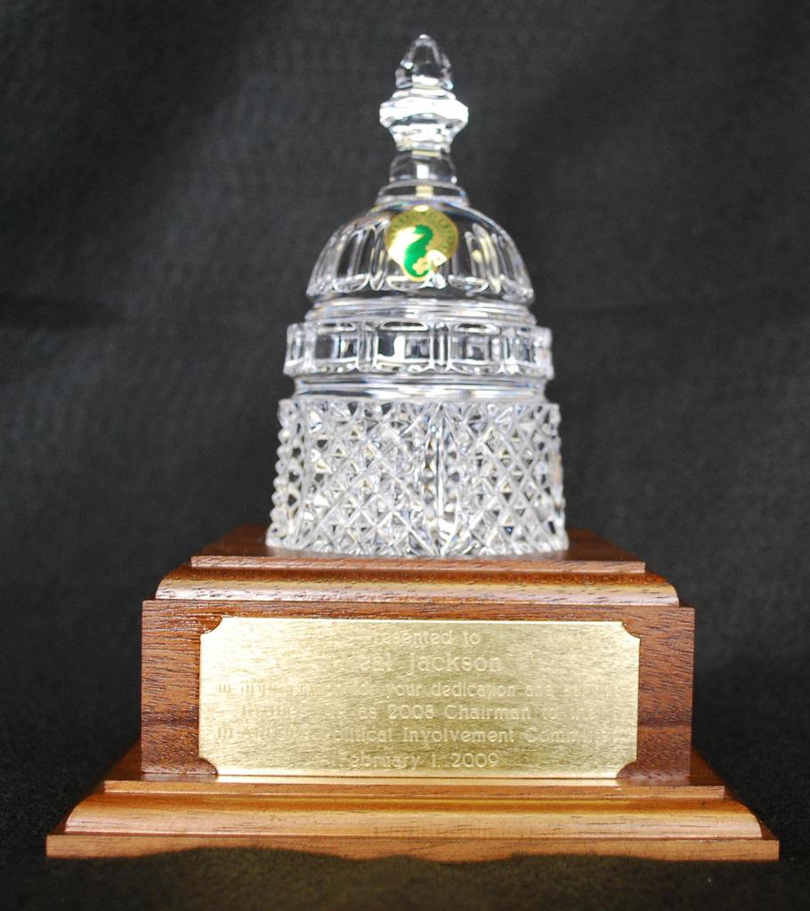 Waterford Crystal Capitol Dome Paperweight | Capitol Dome Award on Dark Blue Walnut Base | Brass Plate Engraved with Message