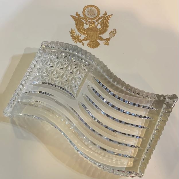 Waterford Crystal American Flag Paperweight | Custom Stamped Pouch | Leather Stamped Box