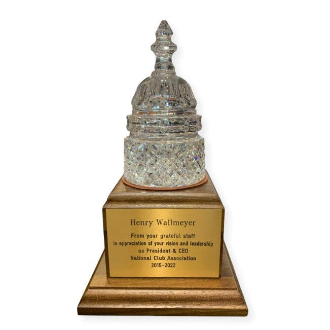 Waterford Crystal Capitol Dome Paperweight | Capitol Dome Award on Dark Blue Walnut Base | Brass Plate Engraved with Message