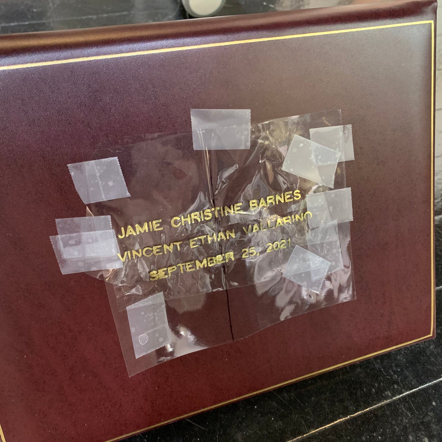 Guest Book Custom Samples | Gold Stamp Engraving Samples | Three Lines of Text Proof