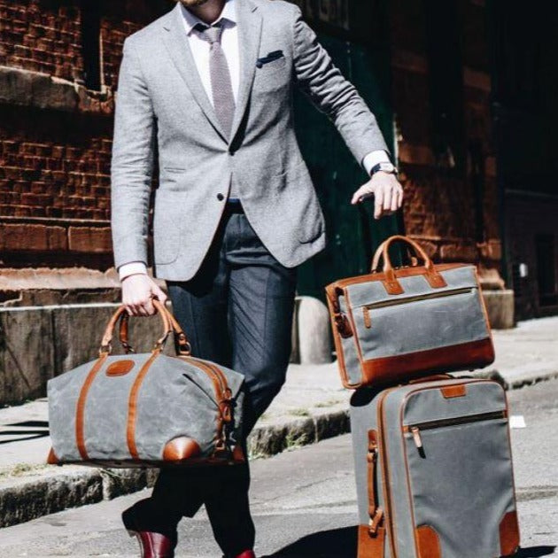 Duffel | Grey Waxed Cotton and Leather Duffle | Twain Canvas Duffle | Korchmar Leather | Initials Included