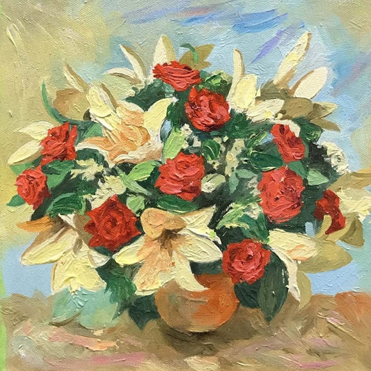 Red, Yellow Flowers | Original Oil Painting by Zachary Sasim | 10" by 10" | Commission