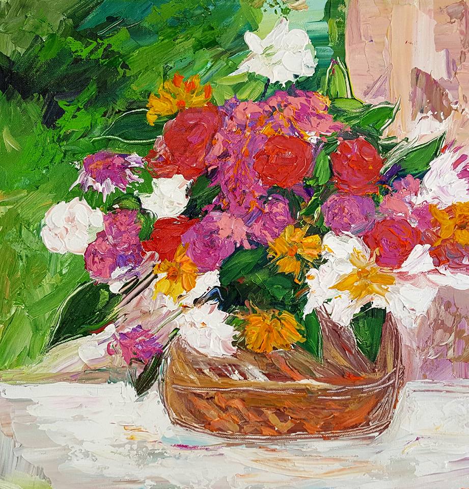 Wedding Flowers in a Basket | Original Oil and Acrylic Painting on Canvas by Zachary Sasim | 10" by 10" | Commission