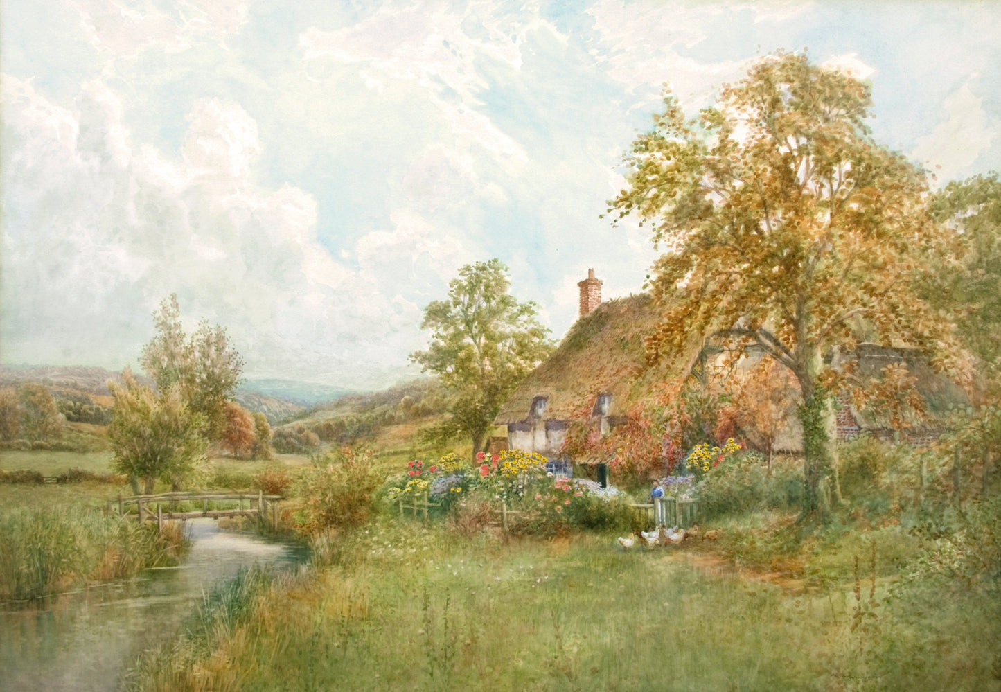 Antique Watercolor On Paper | Feeding the Chickens in the Garden by Arthur Stanley Wilkinson | 31 1/2" x 40 1/4"-Watercolor-Sterling-and-Burke