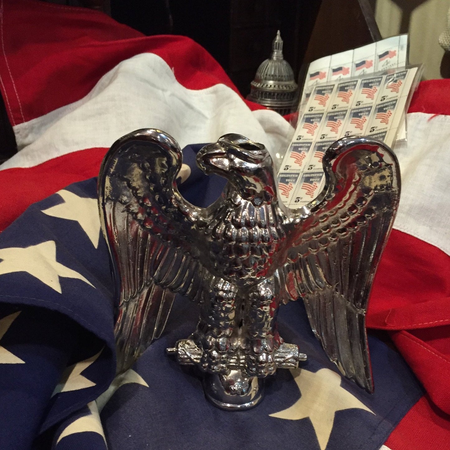 Patriotic Antique American Flag Eagle | Silver Plated Flag Topper | 7 " US Eagle | Business Gift-Antique Artifact-Sterling-and-Burke