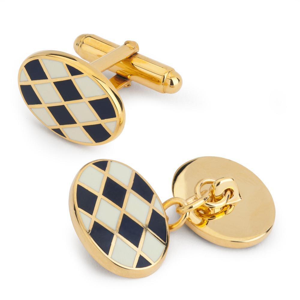 Oval Enamel White/Navy Check Cufflinks-Enamel Cufflinks-Sterling-and-Burke