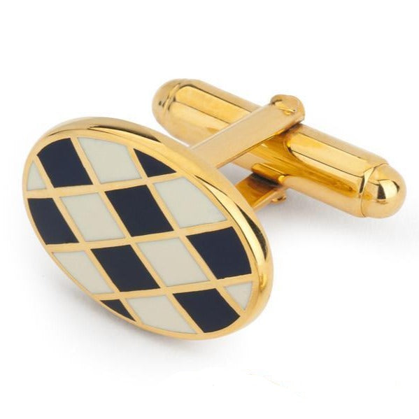 Oval Enamel White/Navy Check Cufflinks-Enamel Cufflinks-Sterling-and-Burke