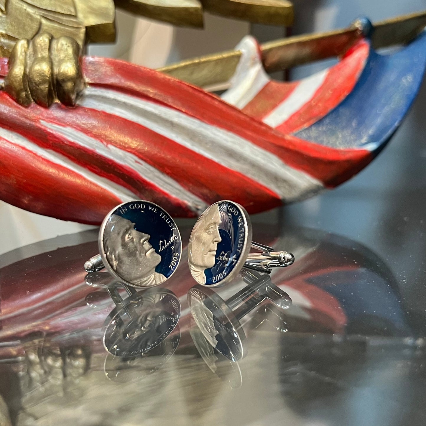 Hand Painted Authentic Coin Cufflinks | Jefferson Portrait with Enamel | US Five Cent Coin | Nickel Coin Cufflinks | Made in USA