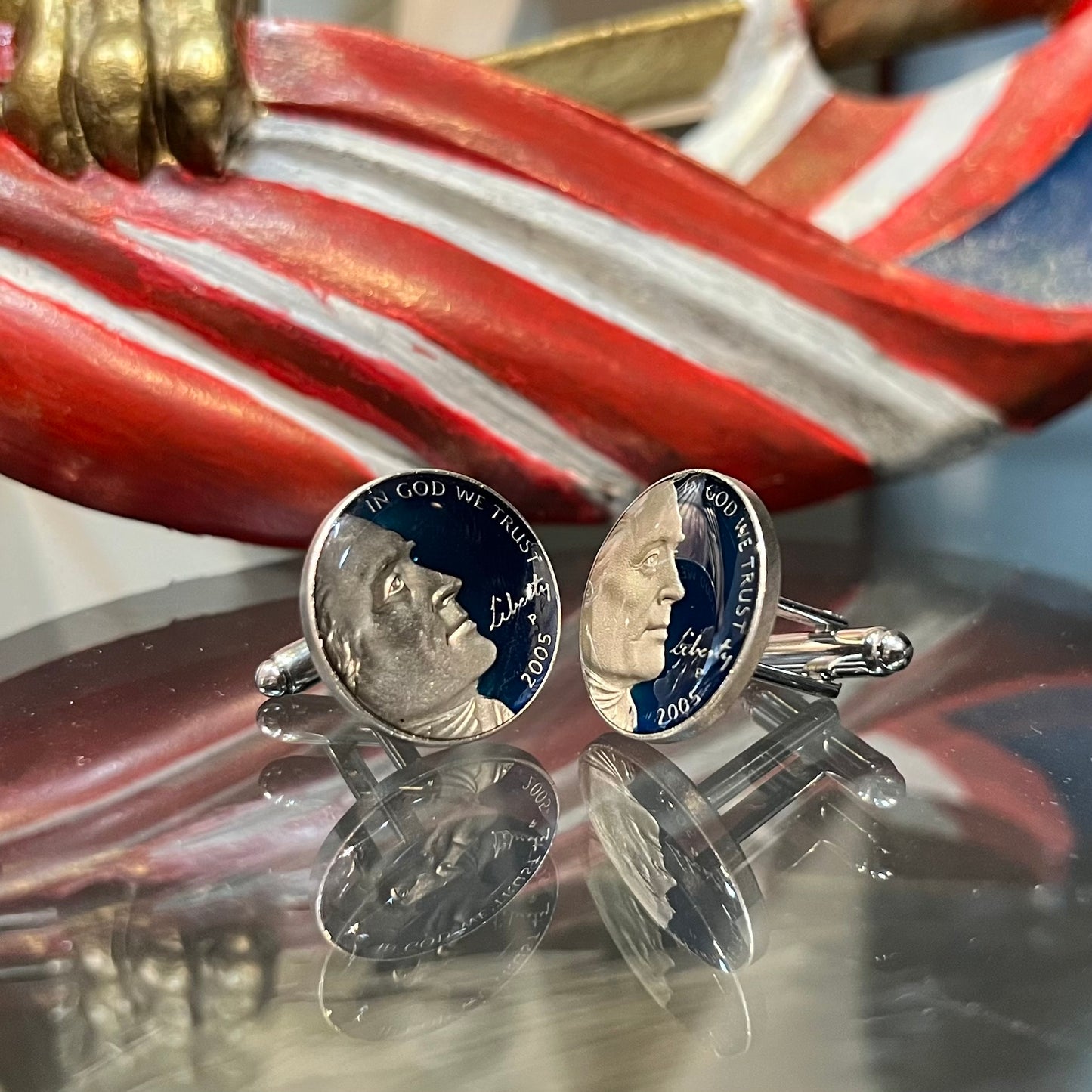 Hand Painted Authentic Coin Cufflinks | Jefferson Portrait with Enamel | US Five Cent Coin | Nickel Coin Cufflinks | Made in USA