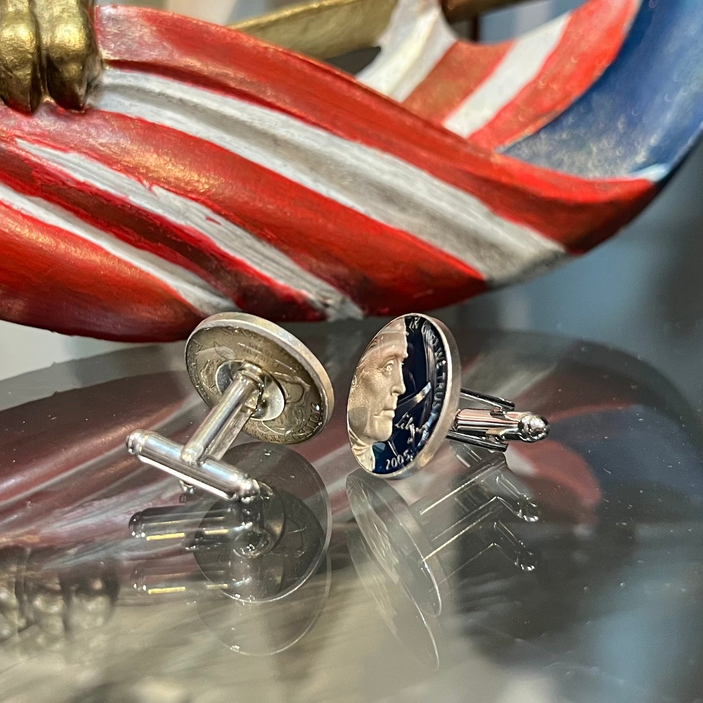 Hand Painted Authentic Coin Cufflinks | Jefferson Portrait with Enamel | US Five Cent Coin | Nickel Coin Cufflinks | Made in USA