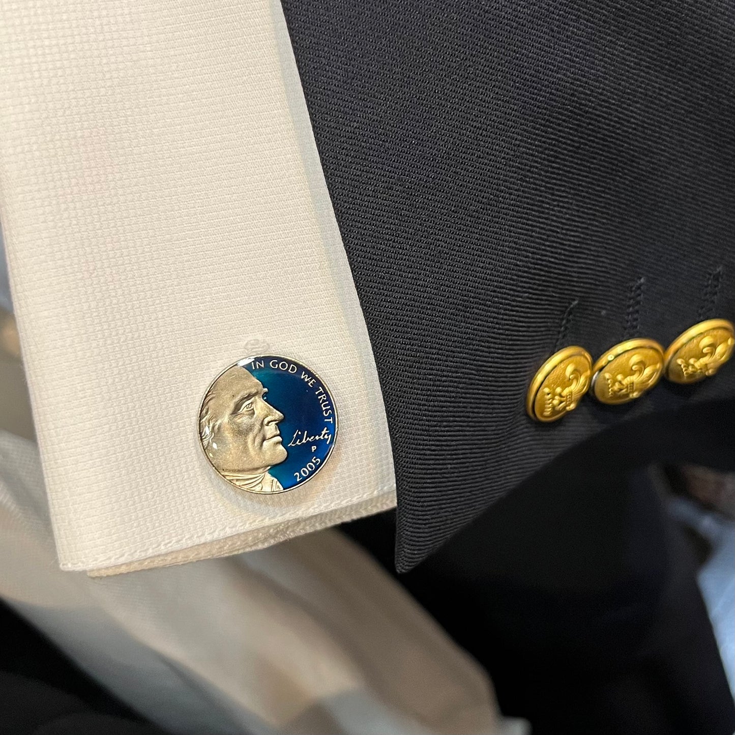 Hand Painted Authentic Coin Cufflinks | Jefferson Portrait with Enamel | US Five Cent Coin | Nickel Coin Cufflinks | Made in USA