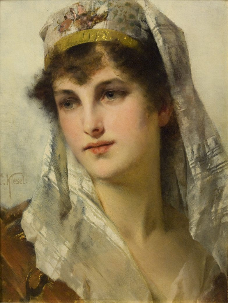 Antique Oil on Panel | A Young Beauty by Conrad Kiesel | 20" x 17"-Oil on Panel-Sterling-and-Burke