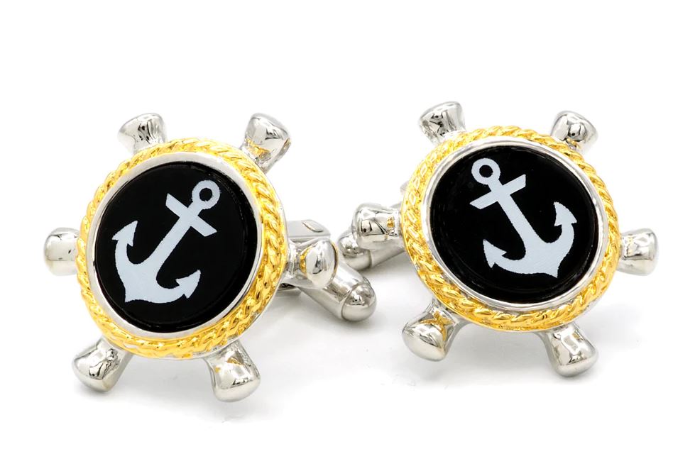 Cufflinks Anchor with Rope and Wheel Cufflinks | Silver & Gold Finish