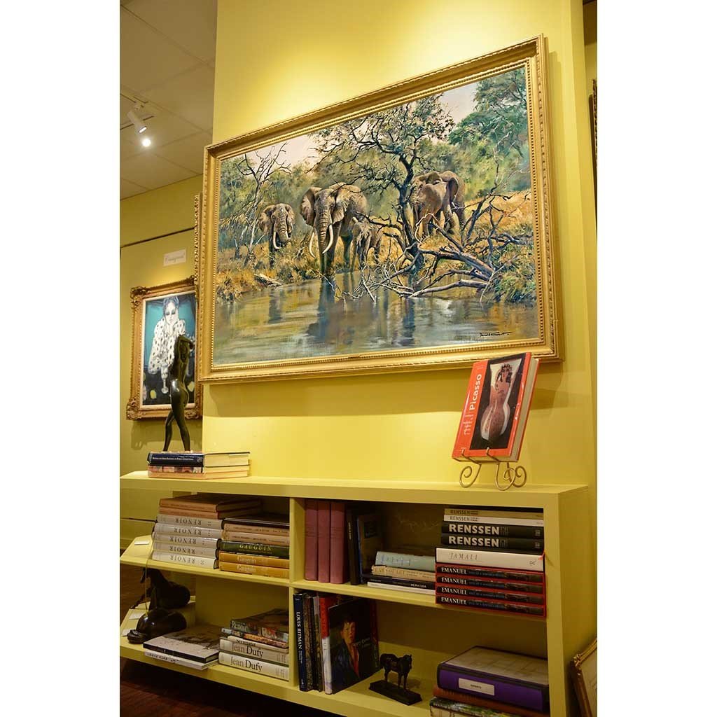 Antique Oil Painting | Elephants at a Waterhole by Donald Grant | 42 by 60 Inches-Oil Painting-Sterling-and-Burke