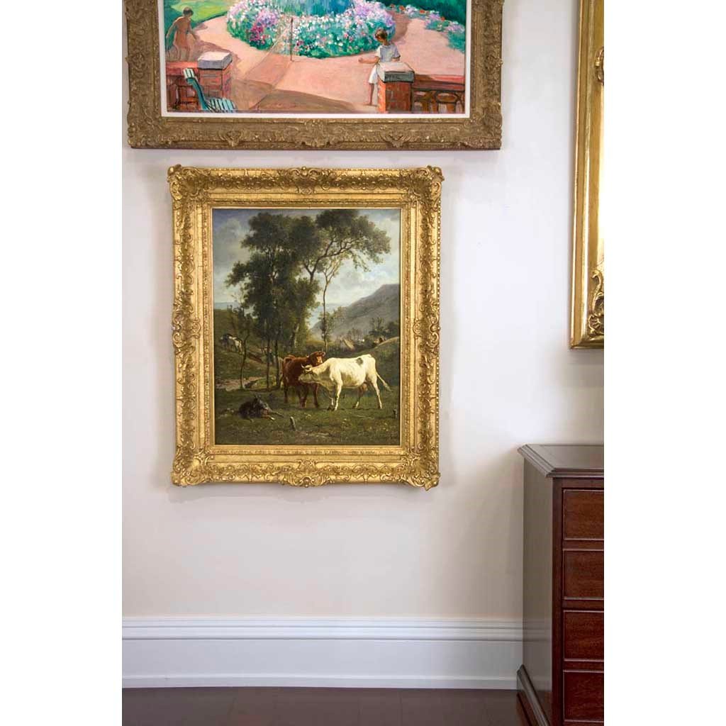 Antique Oil Painting | Cows Grazing in a Pasture by Emile Van Marcke De Lummen | 32" x 39"-Oil Painting-Sterling-and-Burke