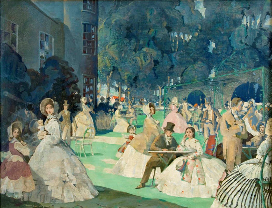 Antique Watercolor | Garden Party by George Sheringham | 20 by 24 Inches-Watercolor-Sterling-and-Burke