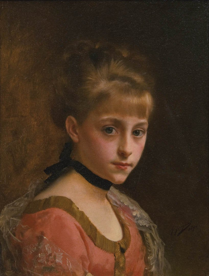 Antique Oil Painting | Portrait of a Young Woman, 1876 by Gustave Jean Jacquet | 19 1/2" x 16 1/2"-Oil Painting-Sterling-and-Burke