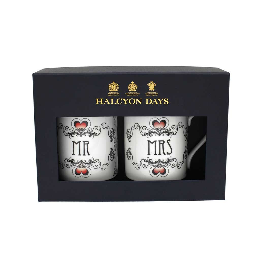 Halcyon Days Mr and Mrs Wedding Mugs in White, Set of 2-Bone China-Sterling-and-Burke