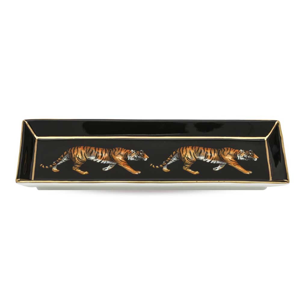 Halcyon Days Tiger Trinket Tray in Black, Rectangular-Bone China-Sterling-and-Burke