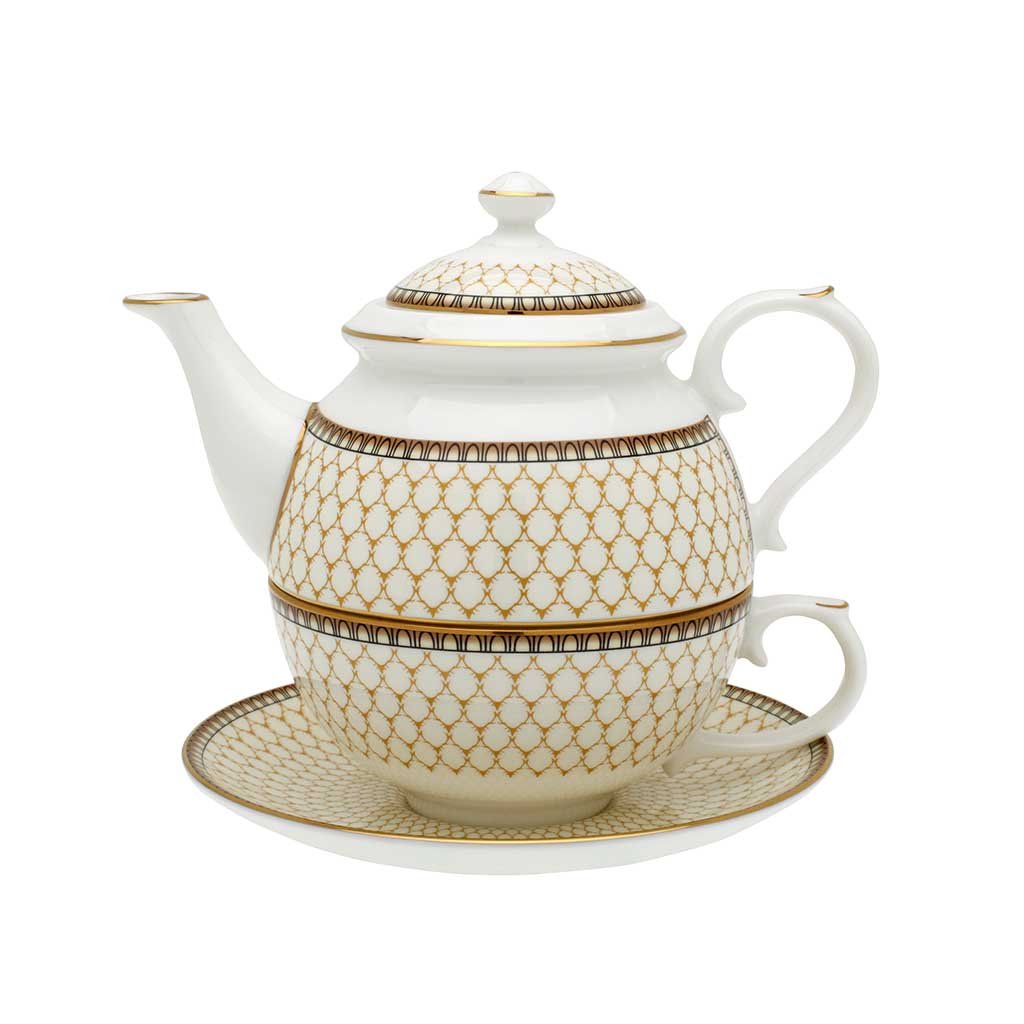 Halcyon Days Antler Trellis Tea for One in Ivory-Bone China-Sterling-and-Burke