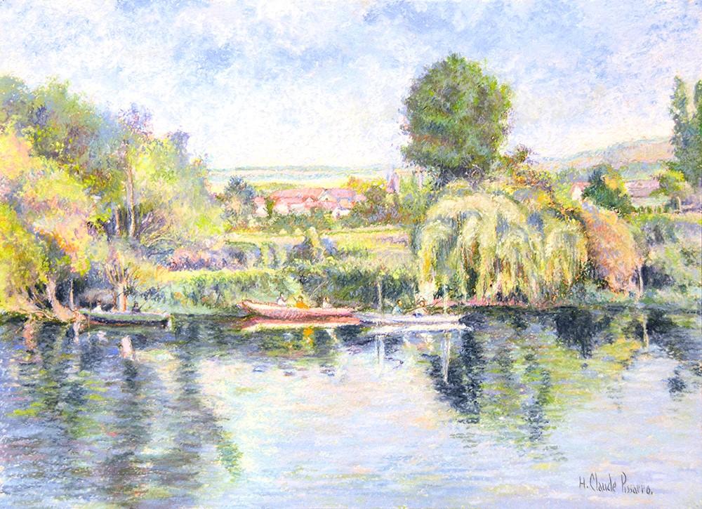 Antique Pastel on Card | La peche-au-coup a Gloton (bords de Seine), ca. 2010 by Hughes Claude Pissarro | 19" x 24-1/2"-Pastel-Sterling-and-Burke