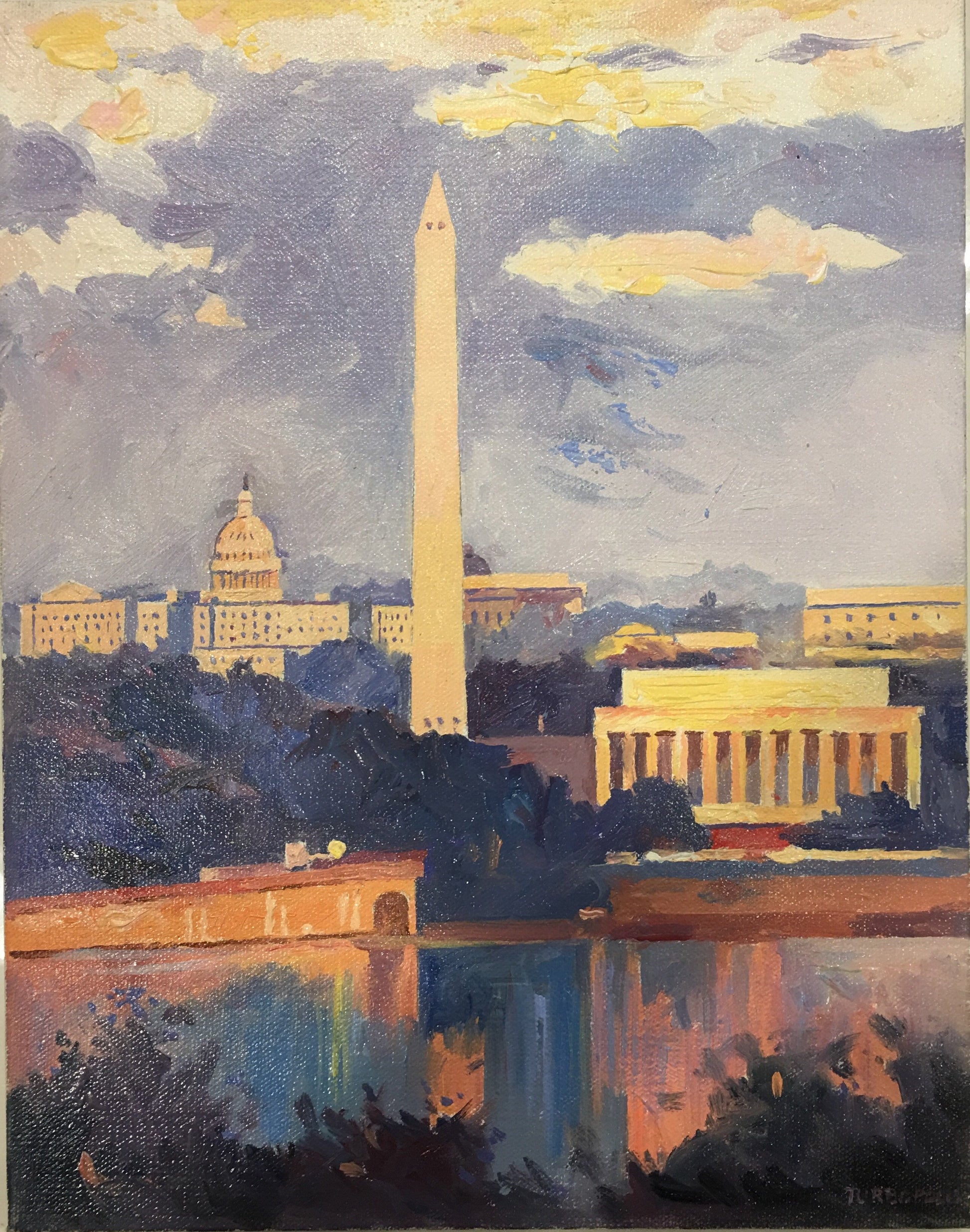 Monuments at Dusk | Washington, DC Art | Original Oil and Acrylic Painting on Canvas by Zachary Sasim | 11" by 13.5" | Commission-Oil and acrylic-Sterling-and-Burke