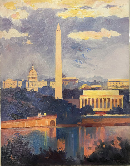 Monuments at Dusk | Washington, DC Art | Original Oil and Acrylic Painting on Canvas by Zachary Sasim | 11" by 13.5" | Commission-Oil and acrylic-Sterling-and-Burke