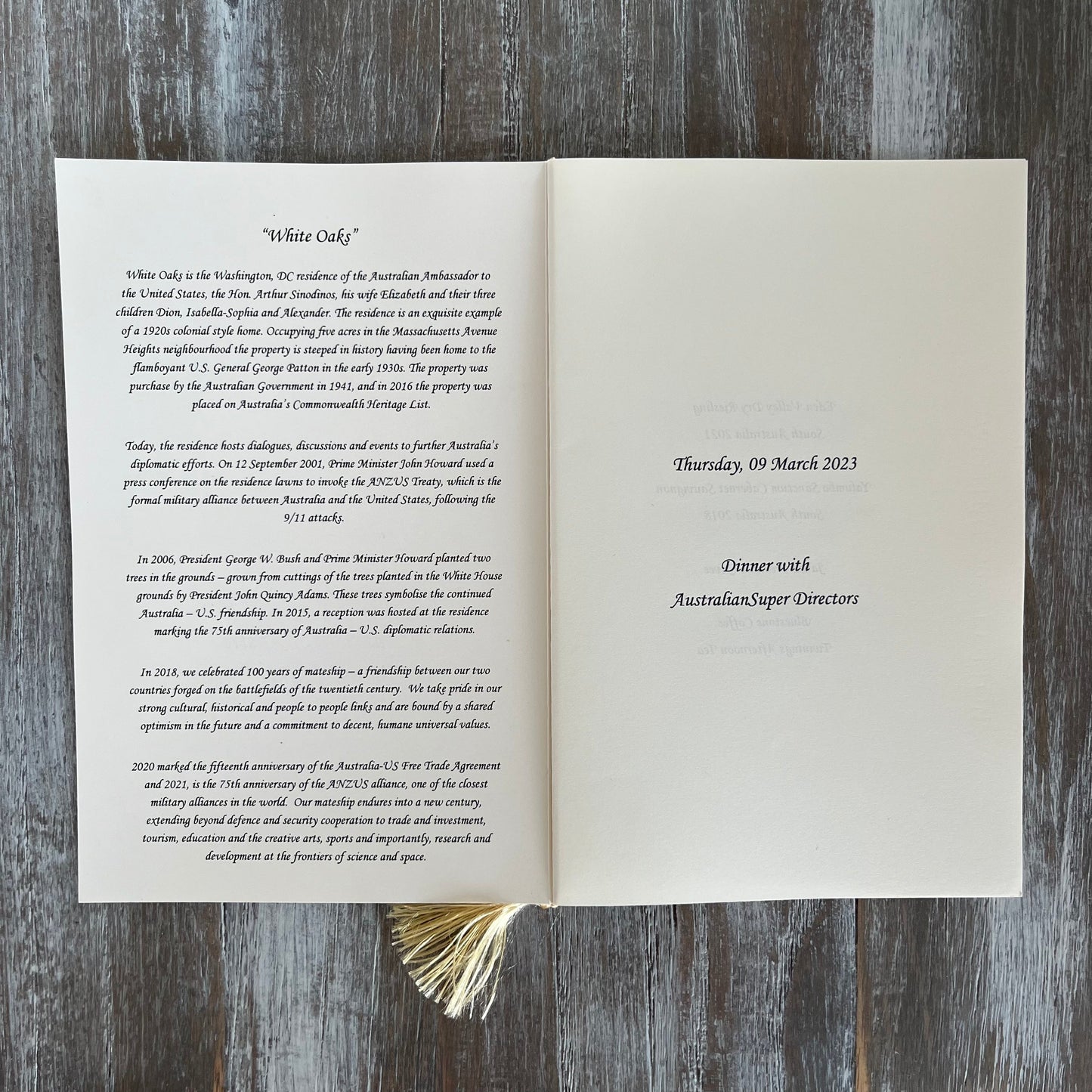 Australian Embassy | Program Pricing | Complete Program including Cover, Blank Inserts, & Tassels