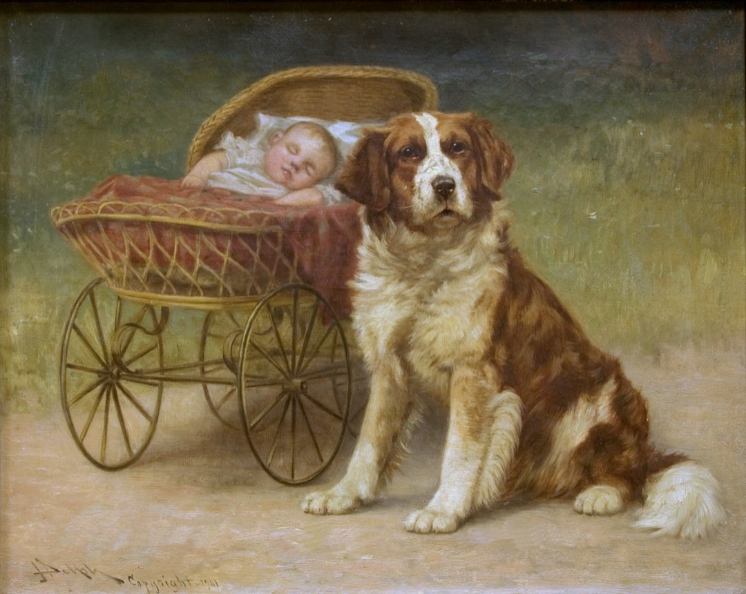 Antique Oil Painting | Dog with Baby Painting | A Watchful Eye by John Henry Dolph | 23 3/16" x 27 3/16"-Oil Painting-Sterling-and-Burke