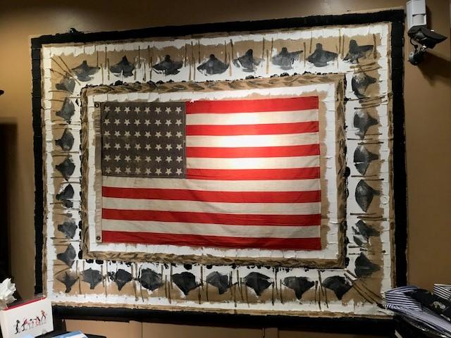 Burlap Flag No. 214 | Original Oil Painting with Vintage Roosevelt American Flag on Burlap by Laura Roosevelt | 52" x 66"-Burlap Acrylic-Sterling-and-Burke