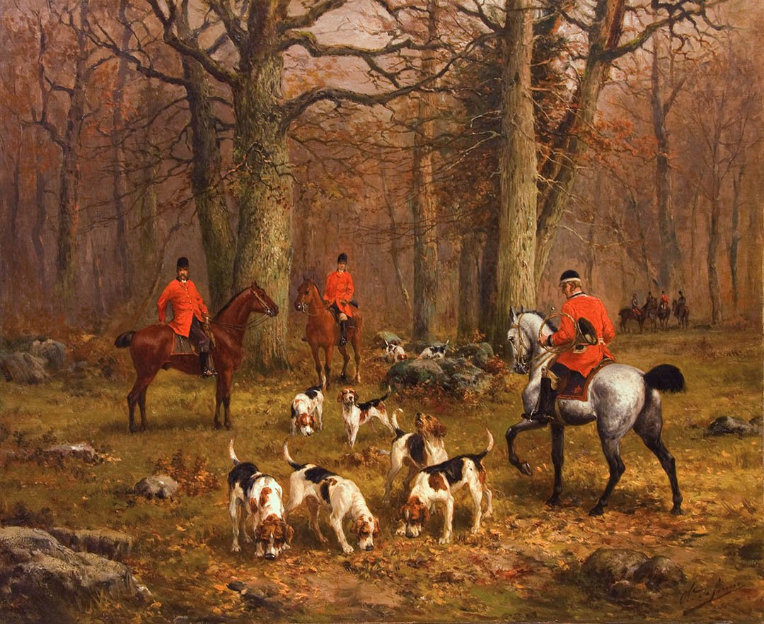 Antique Oil Painting | La Chasse (The Hunt) by Olivier Penne | 33" x 38"-Oil Painting-Sterling-and-Burke