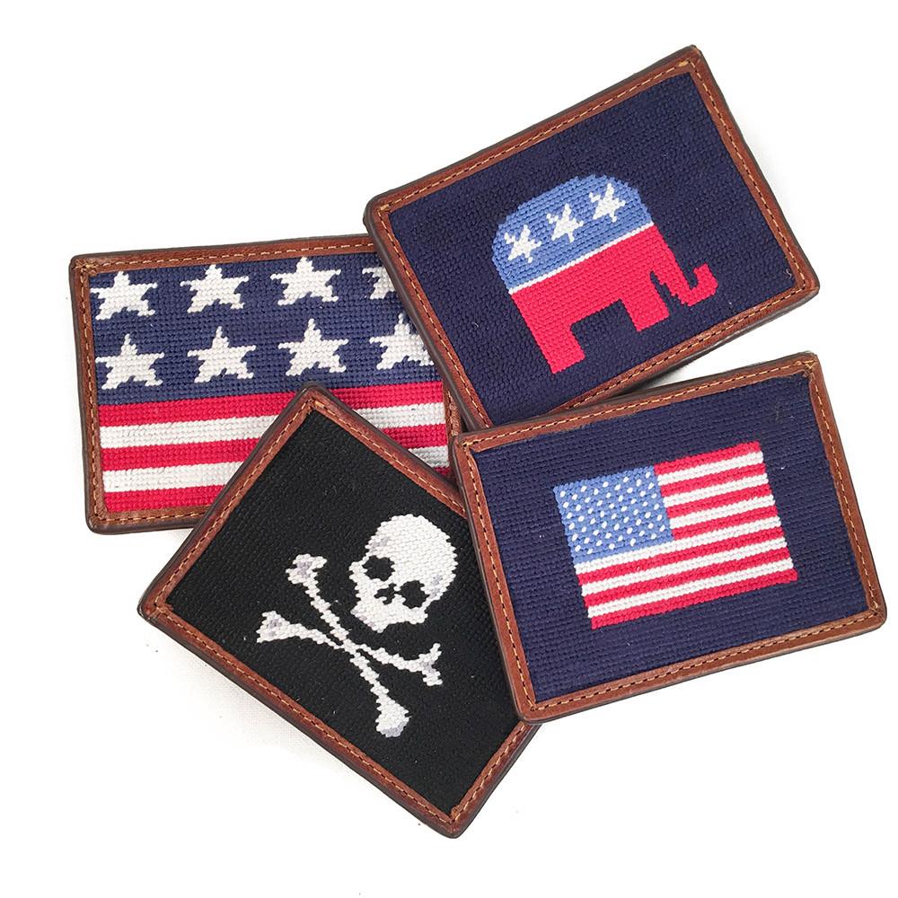 Needlepoint Collection | Skull and Crossbones Needlepoint Card Wallet | Jolly Roger Skull and Crossbones Design | 4 by 3 Inch | Black and White | Smathers and Branson-Card Wallet-Sterling-and-Burke