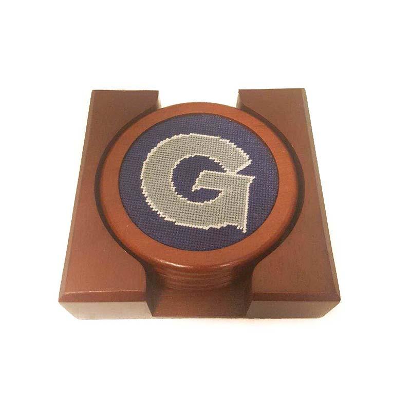Needlepoint Collection | Georgetown University Needlepoint Coaster Set | Hoya / Bull Dog | Blue and Grey | Smathers and Branson-Coasters-Sterling-and-Burke