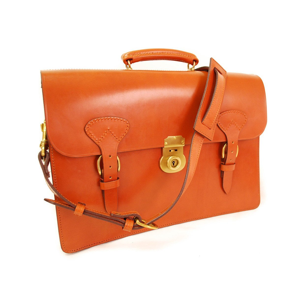 Triple Gusset with Short Straps, BESPOKE | Three Section Flap Over Briefcase | Hand Stitched | Brown English Bridle Leather | Sterling and Burke-Document Case-Sterling-and-Burke