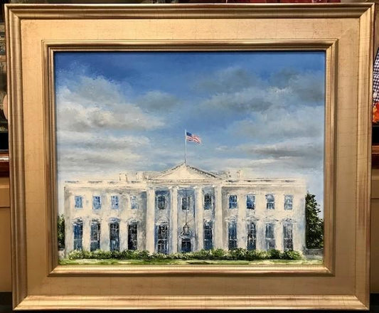 Art | The White House II | Original Oil with Silver Leaf Frame by Claire Howard | 22" x 26"-Oil Painting-Sterling-and-Burke