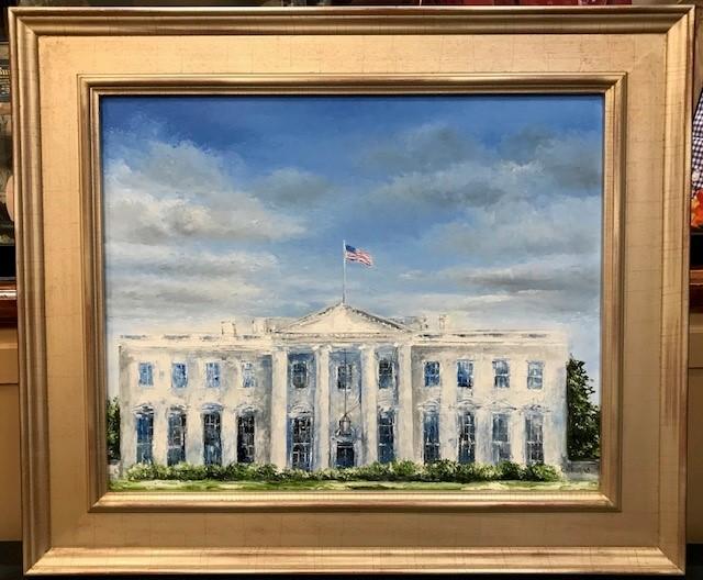 Art | The White House II | Original Oil with Silver Leaf Frame by Claire Howard | 22" x 26"-Oil Painting-Sterling-and-Burke