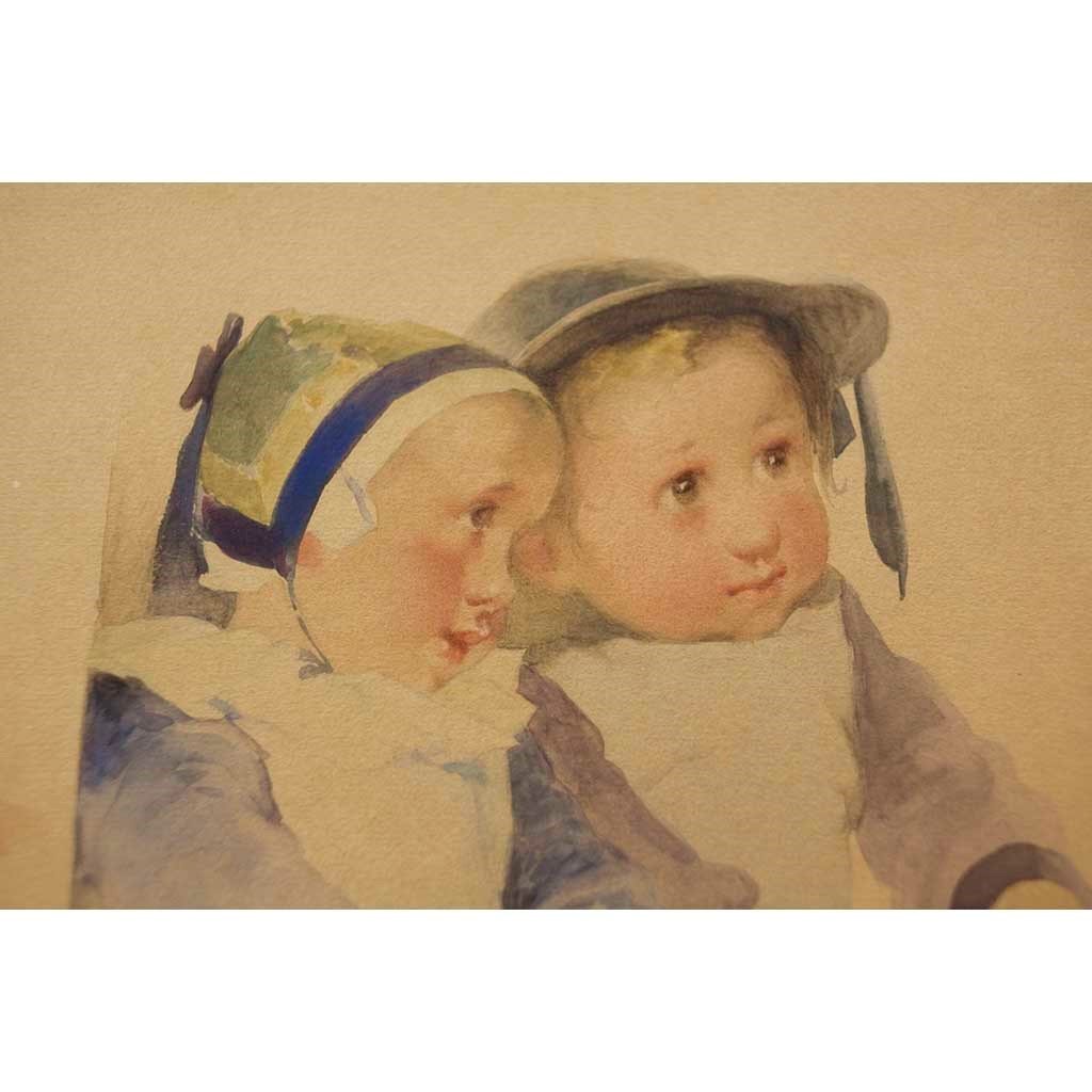 Antique Watercolor on Paper | Two Breton Children Seated Against a Wall by Henry Jean Jules Geoffroy | 22" x 22"-Watercolor-Sterling-and-Burke