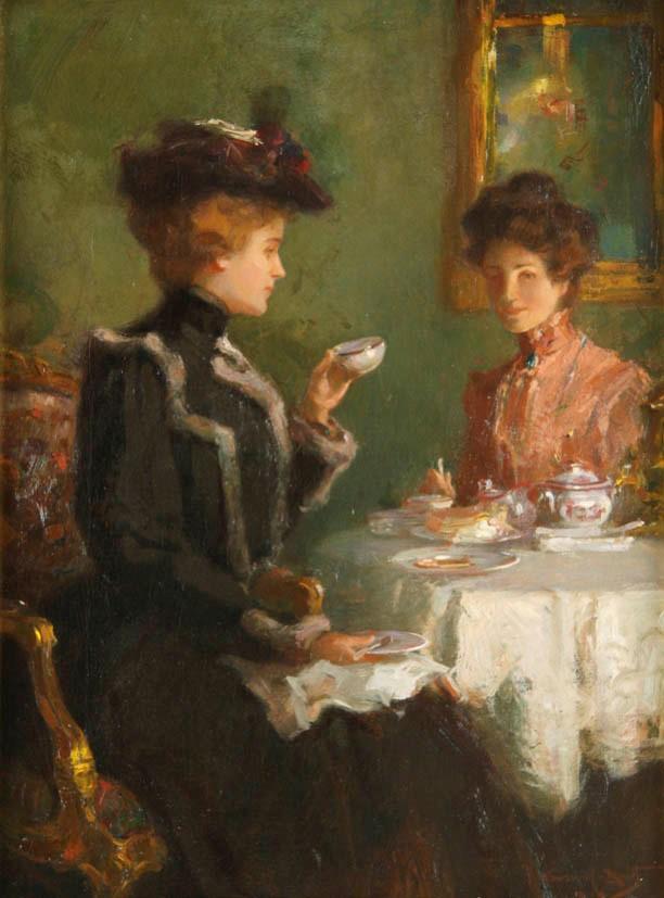 Antique Oil Painting | A Cup of Tea, 1904 by Walter Granville-Smith | 18" x 22"-Oil Painting-Sterling-and-Burke
