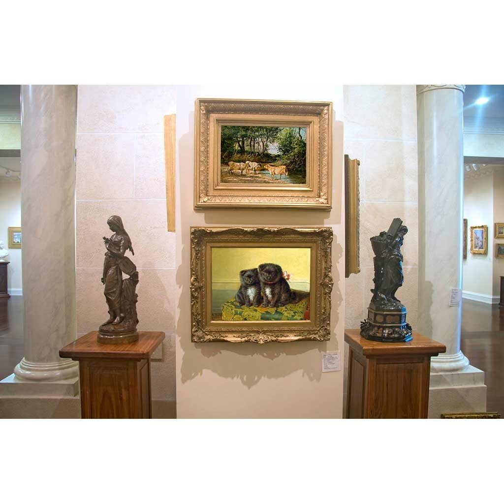 Antique Oil Painting | Cows at a Watering Hole by William Baird | 11.5" x 16"-Oil Painting-Sterling-and-Burke