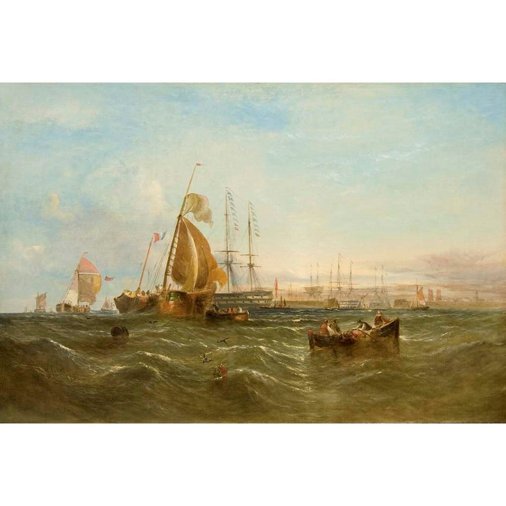 Antique Oil Painting | Morning, Dutch Boats bringing to off Portsmouth, 1867 by William Calcott Knell | 32 1/2" by 44 1/2"-Oil Painting-Sterling-and-Burke