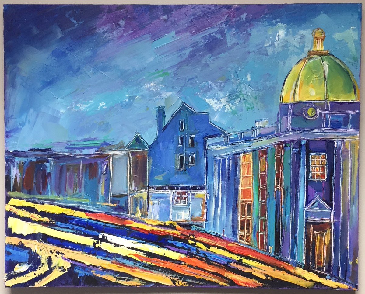Blue Evening, Georgetown | M Street | Original Oil Painting on Canvas by Zachary Sasim | 24" by 30" | Commission-Oil and acrylic-Sterling-and-Burke