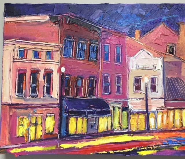 Blue Evening, Georgetown III | M Street | Original DC Themed Painting by Zachary Sasim | 12" by 36" | Commission-Acrylic Painting-Sterling-and-Burke