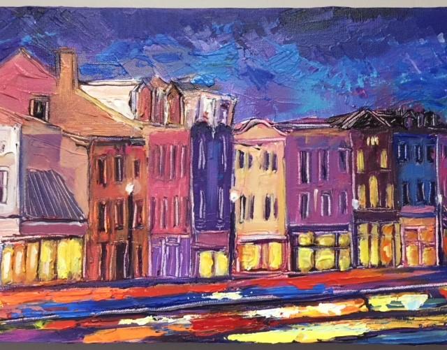 Blue Evening, Georgetown III | M Street | Original DC Themed Painting by Zachary Sasim | 12" by 36" | Commission-Acrylic Painting-Sterling-and-Burke