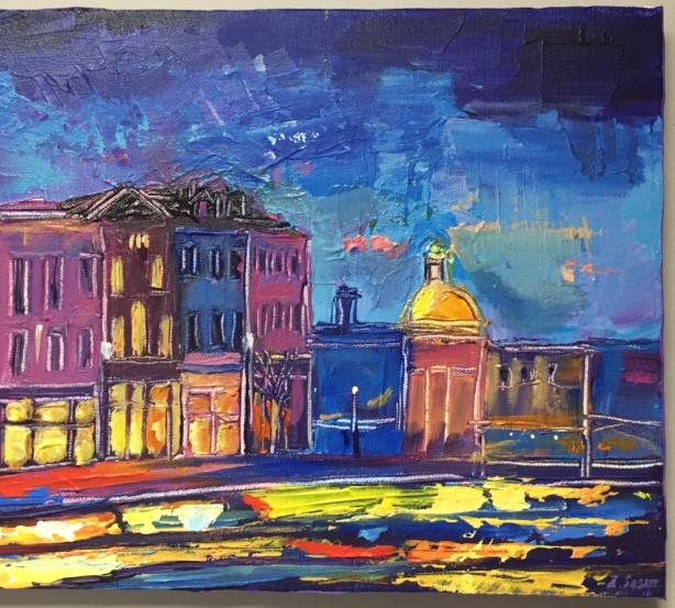 Blue Evening, Georgetown III | M Street | Original DC Themed Painting by Zachary Sasim | 12" by 36" | Commission-Acrylic Painting-Sterling-and-Burke