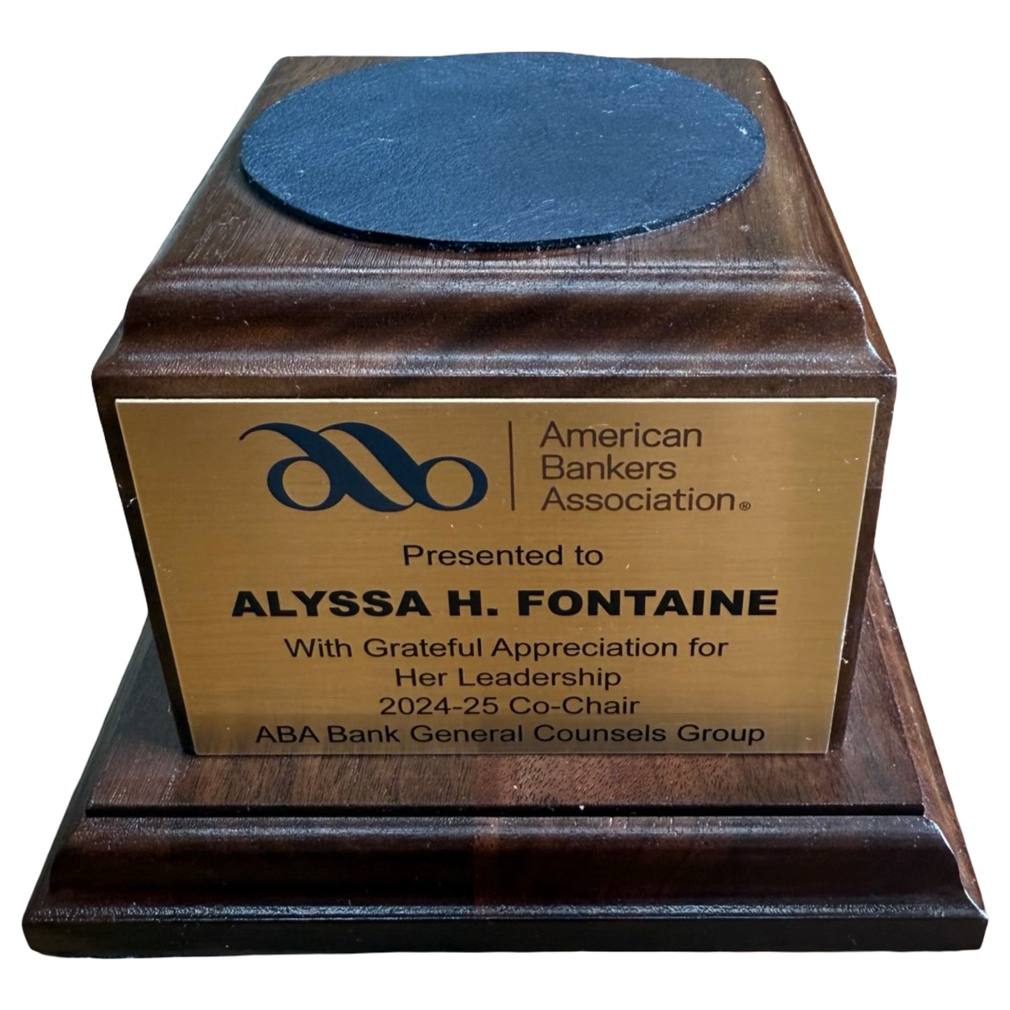 American Bankers Assoc. 2025 | Crystal Capitol Dome on Natural Walnut with Photo Etched Text and Logo on Brass Plate