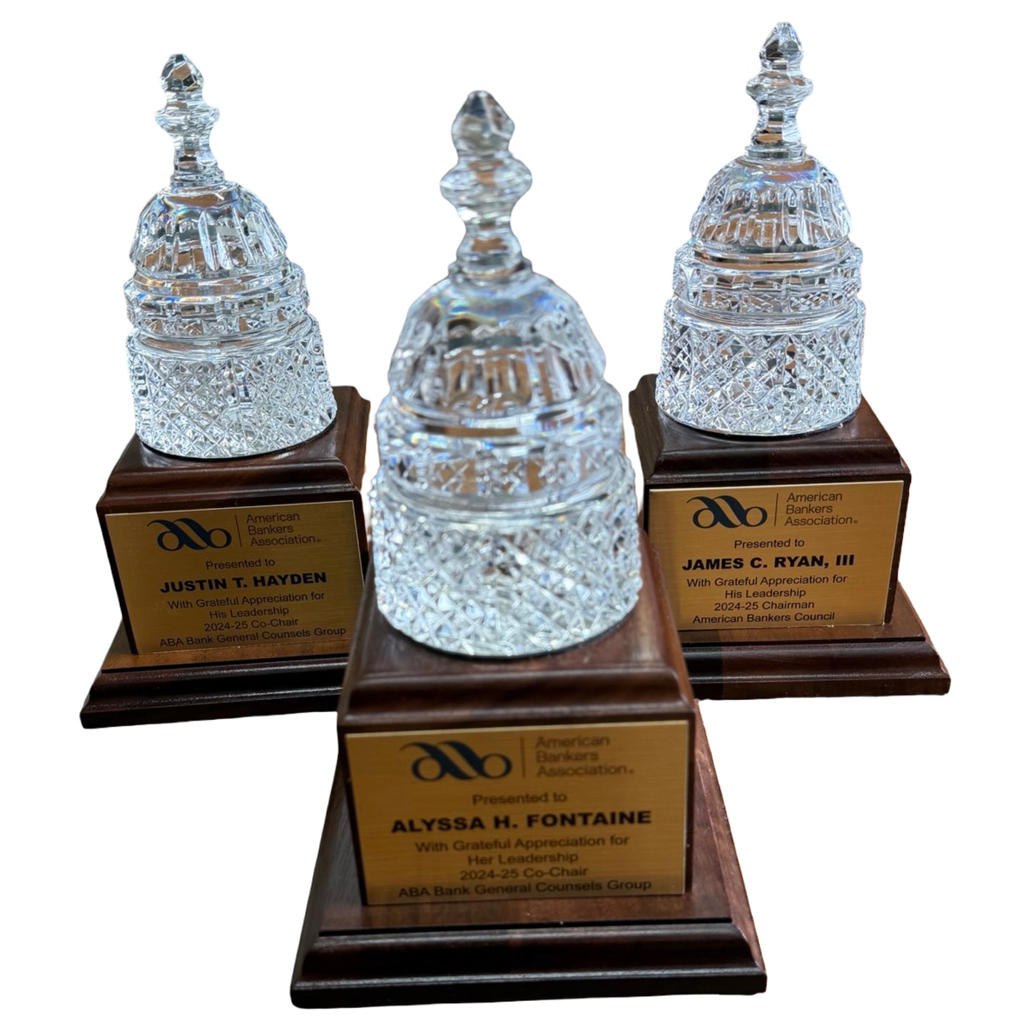 American Bankers Assoc. 2025 | Crystal Capitol Dome on Natural Walnut with Photo Etched Text and Logo on Brass Plate