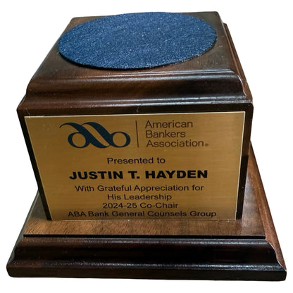 American Bankers Assoc. 2025 | Crystal Capitol Dome on Natural Walnut with Photo Etched Text and Logo on Brass Plate