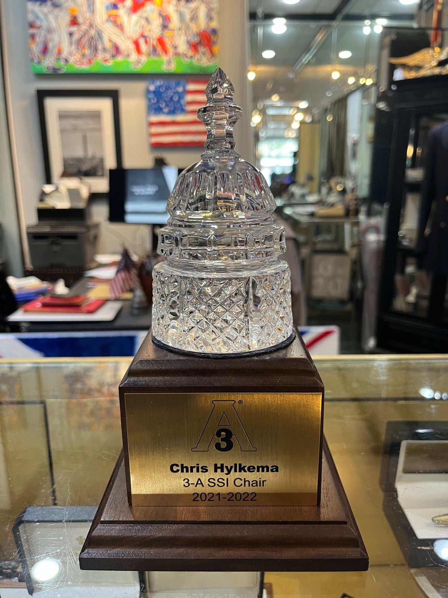 Waterford Crystal Capitol Dome Award on Walnut Base | Brass Plate Engraved with LOGO | A3 | April 2023 | Chris Hylkema