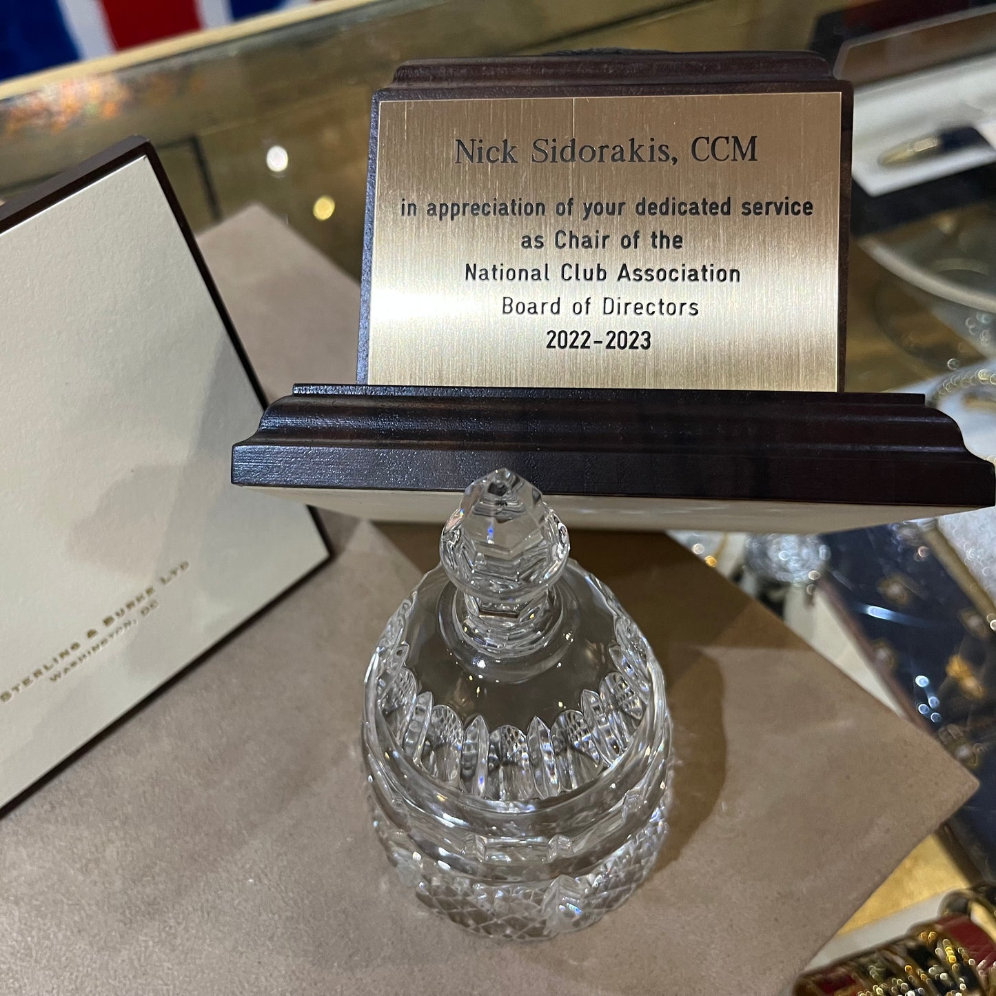 Waterford Crystal Capitol Dome Award on Walnut Base | Brass Plate Engraved | National Club Association | April 2023 | Nick Sidorakis