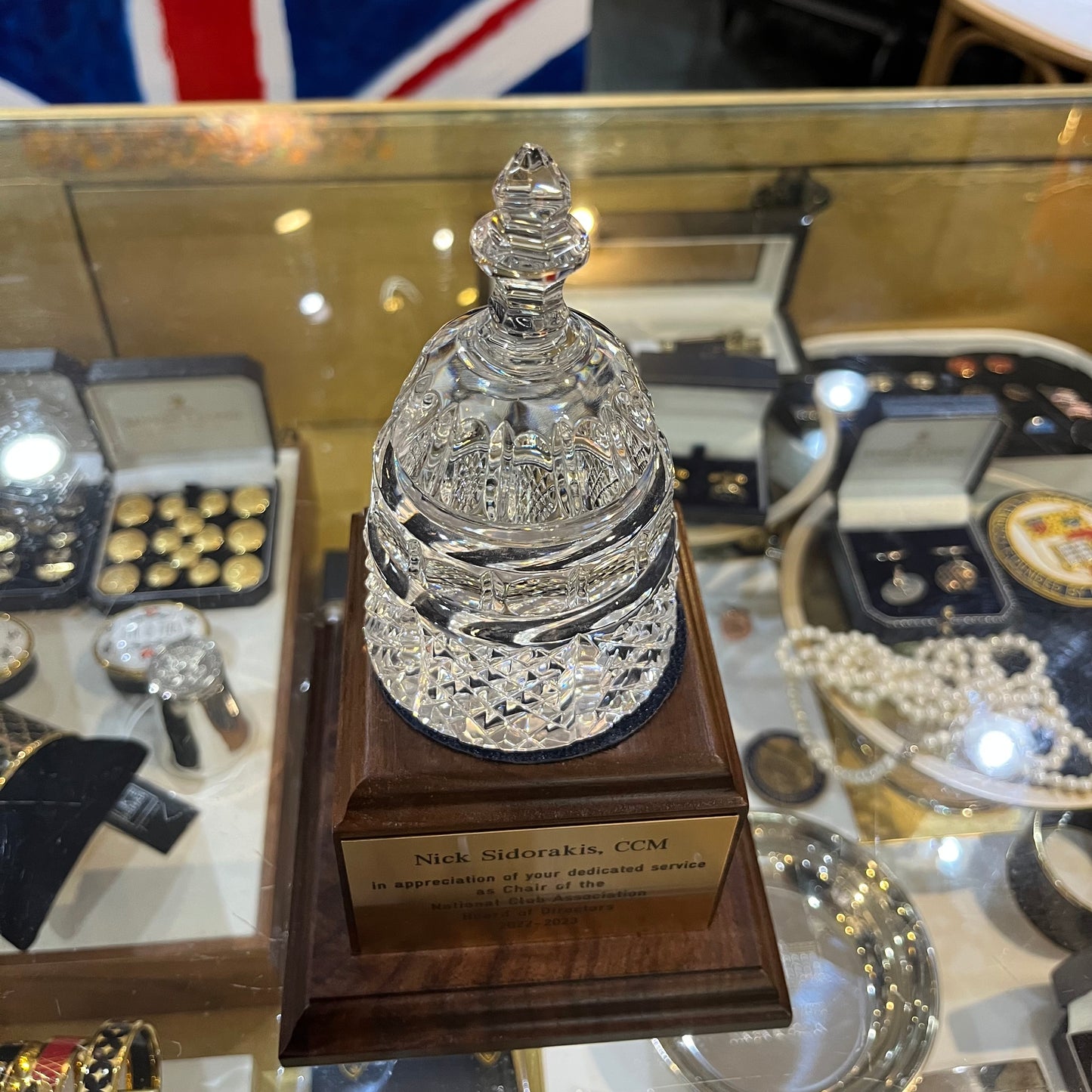 Waterford Crystal Capitol Dome Award on Walnut Base | Brass Plate Engraved | National Club Association | April 2023 | Nick Sidorakis